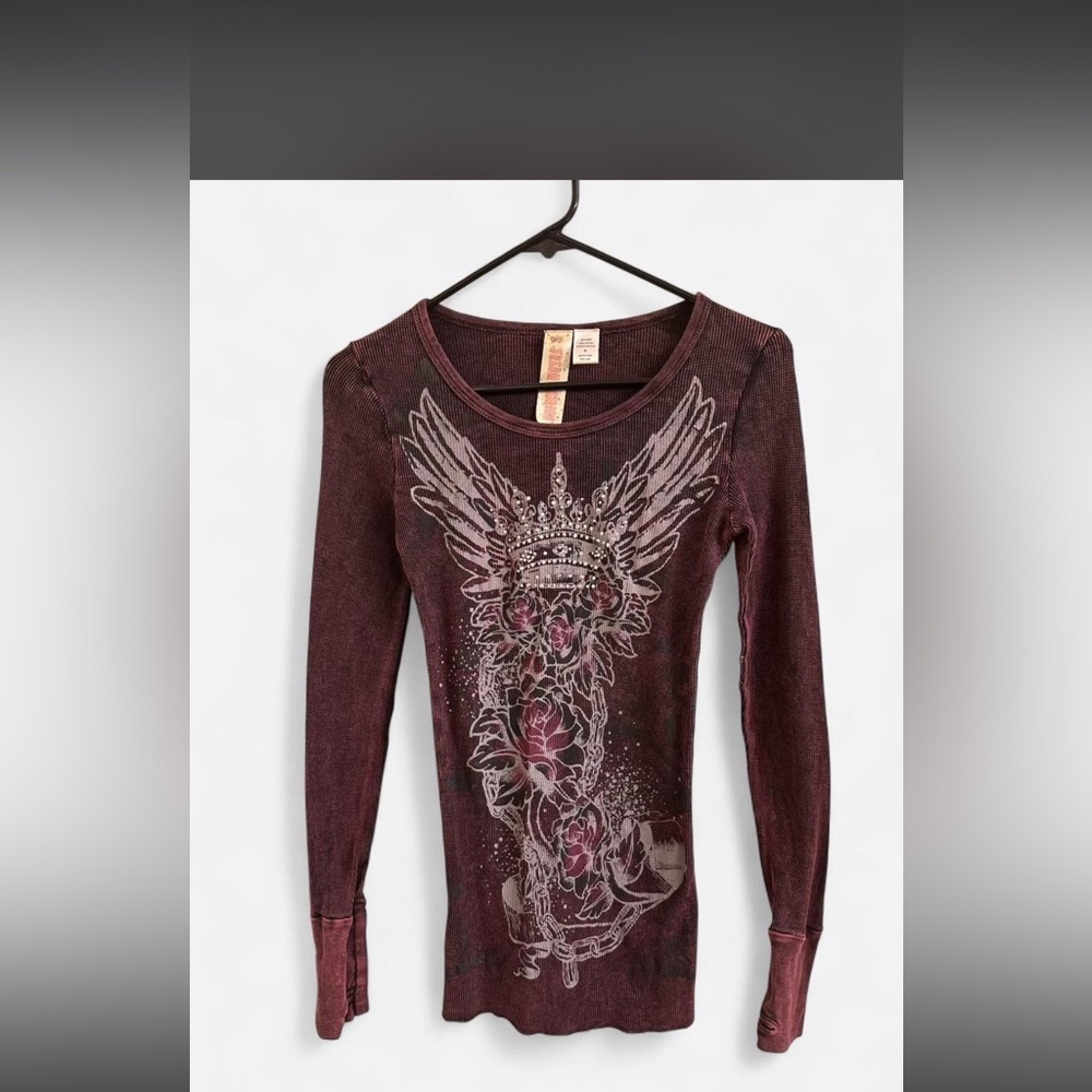Long Sleeve Y2K Burgundy WhimsyGoth Graphic Top Tattoo pattern crown & roses